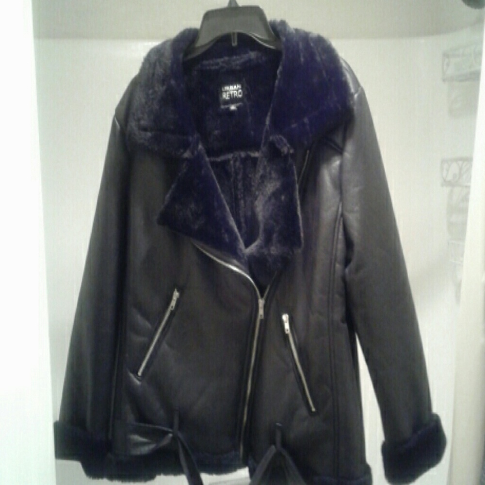 Faux Leather Faux Fur Biker Jacket size XL